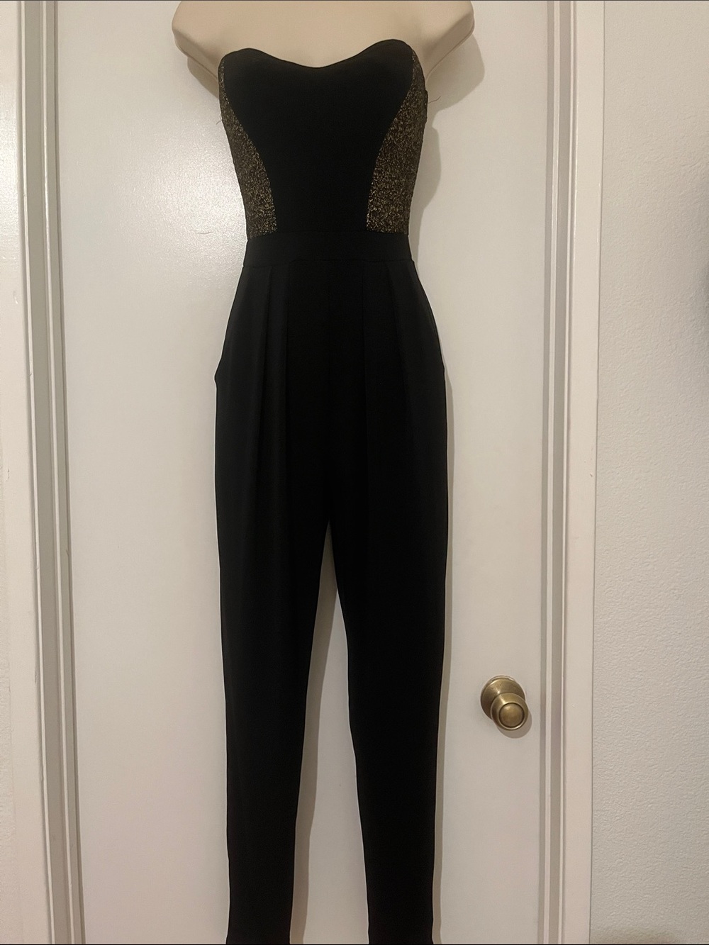 Strapless Black Jumpsuit with Gold Side Panels
